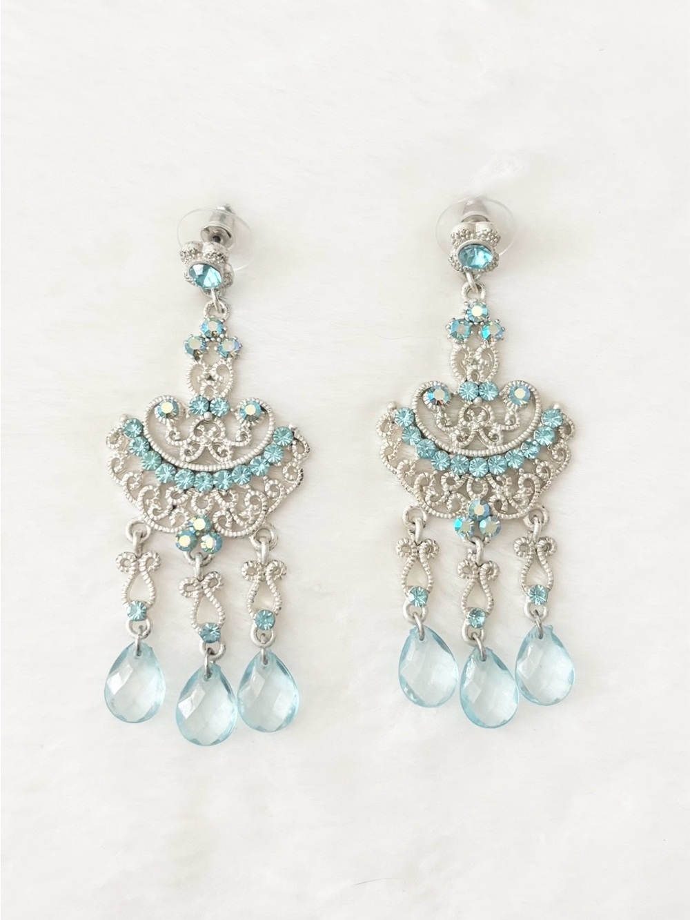 Silver-Tone Aqua Blue Crystal Chandelier Earrings - Elegant Drop Design